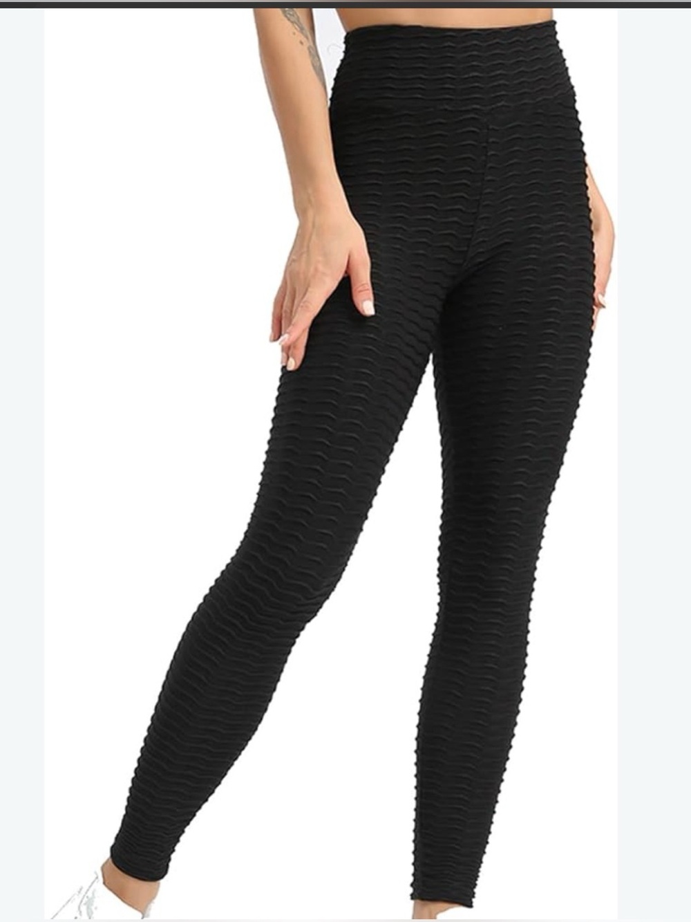 Honeycomb Anti- Cellulite Waffle Textured High-Waist Leggings, Black